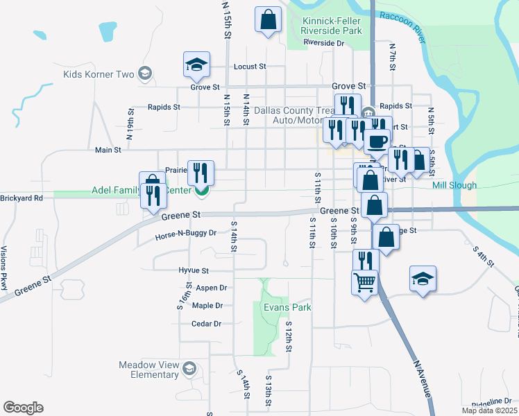 map of restaurants, bars, coffee shops, grocery stores, and more near 1224 Greene Street in Adel