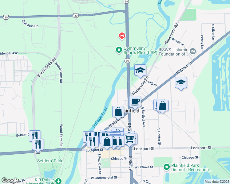 map of restaurants, bars, coffee shops, grocery stores, and more near 14724 South Penn Road in Plainfield