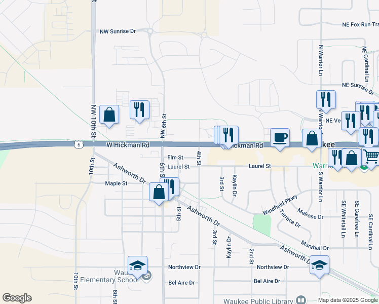 map of restaurants, bars, coffee shops, grocery stores, and more near 430 Hickman Road in Waukee