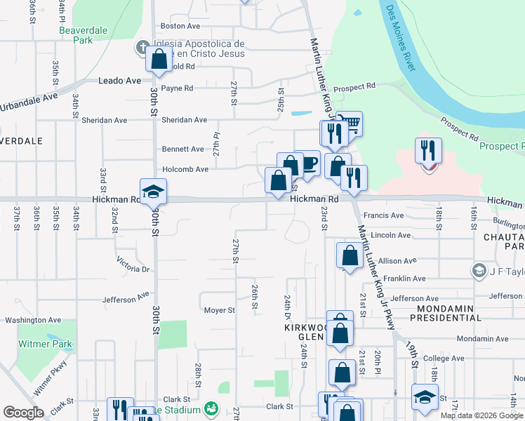map of restaurants, bars, coffee shops, grocery stores, and more near 2226 26th Street in Des Moines
