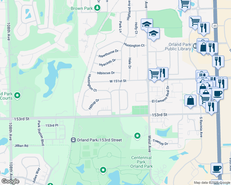 map of restaurants, bars, coffee shops, grocery stores, and more near 15147 Highland Avenue in Orland Park