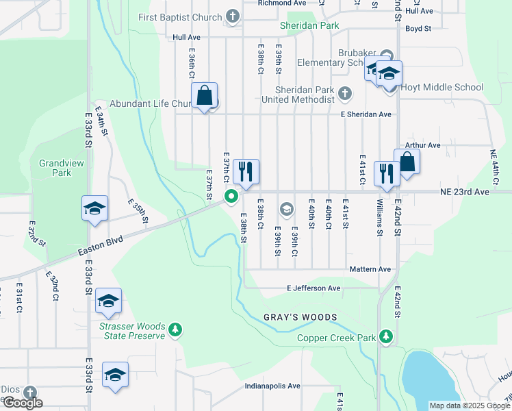 map of restaurants, bars, coffee shops, grocery stores, and more near 2211 East 38th Street in Des Moines