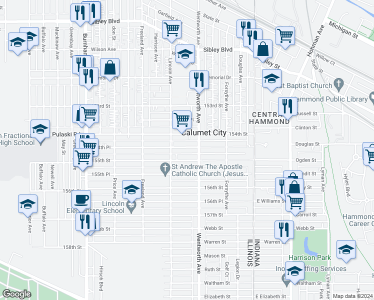 map of restaurants, bars, coffee shops, grocery stores, and more near 219 154th Place in Calumet City