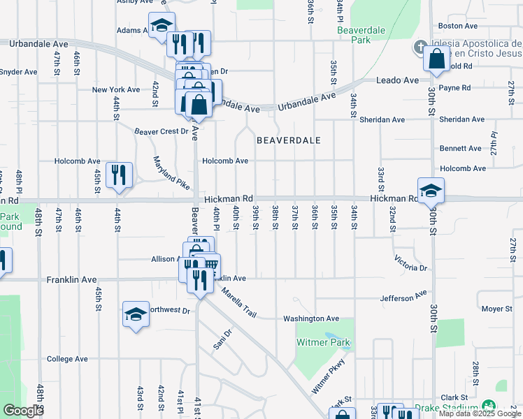 map of restaurants, bars, coffee shops, grocery stores, and more near 2211 39th Street in Des Moines