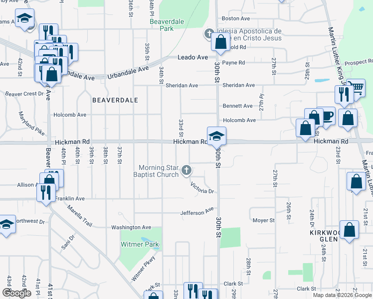 map of restaurants, bars, coffee shops, grocery stores, and more near 2212 32nd Street in Des Moines