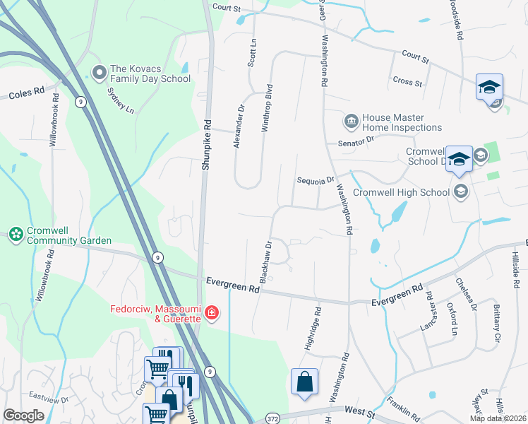 map of restaurants, bars, coffee shops, grocery stores, and more near 158 Salem Drive in Cromwell