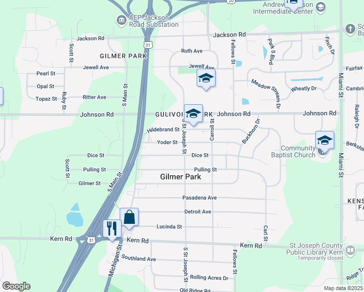 map of restaurants, bars, coffee shops, grocery stores, and more near 19700 Yoder Street in South Bend