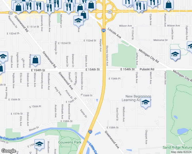 map of restaurants, bars, coffee shops, grocery stores, and more near 1515 East 154th Street in Dolton