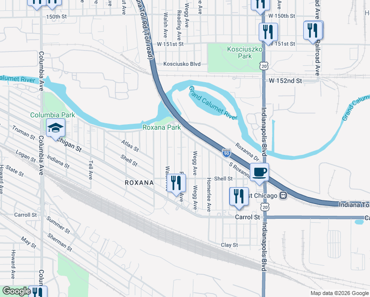 map of restaurants, bars, coffee shops, grocery stores, and more near 5501 Reading Avenue in East Chicago