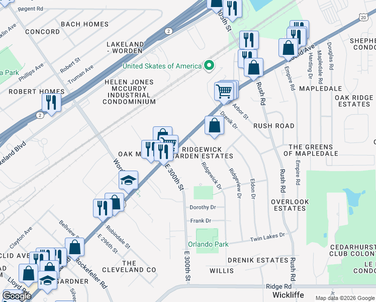 map of restaurants, bars, coffee shops, grocery stores, and more near 1531 Lee Terrace Drive in Wickliffe