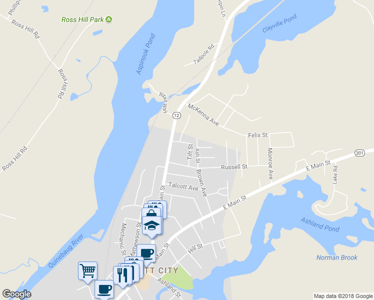 map of restaurants, bars, coffee shops, grocery stores, and more near 28 Tift Street in Griswold