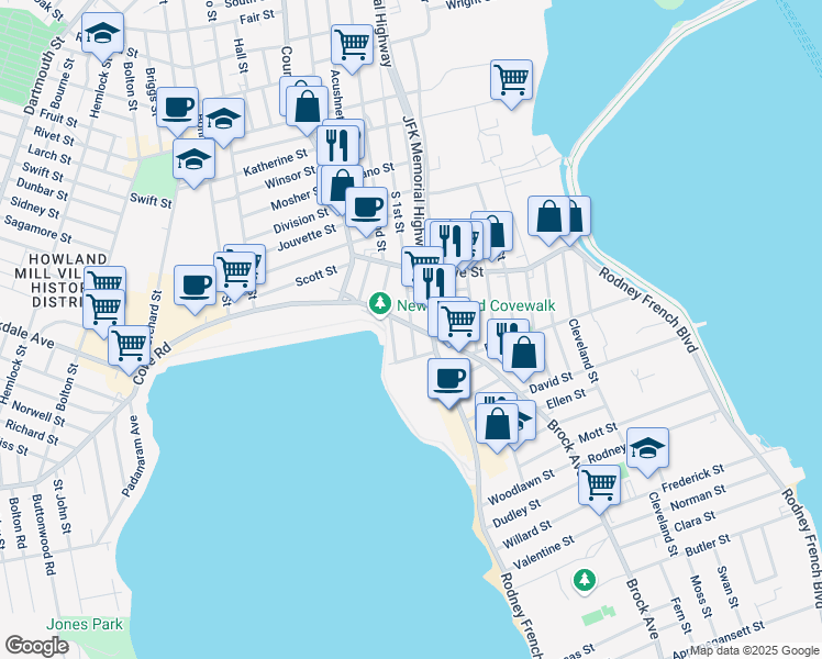 map of restaurants, bars, coffee shops, grocery stores, and more near 1037 Cove Road in New Bedford