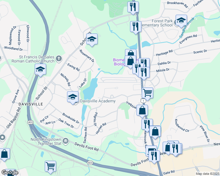 map of restaurants, bars, coffee shops, grocery stores, and more near 250 Sachem Road in North Kingstown