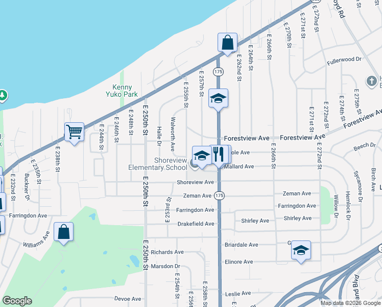map of restaurants, bars, coffee shops, grocery stores, and more near 421 East 255th Street in Euclid