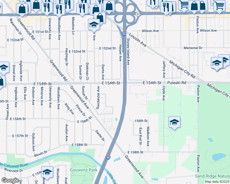 map of restaurants, bars, coffee shops, grocery stores, and more near 1515 East 154th Street in Dolton