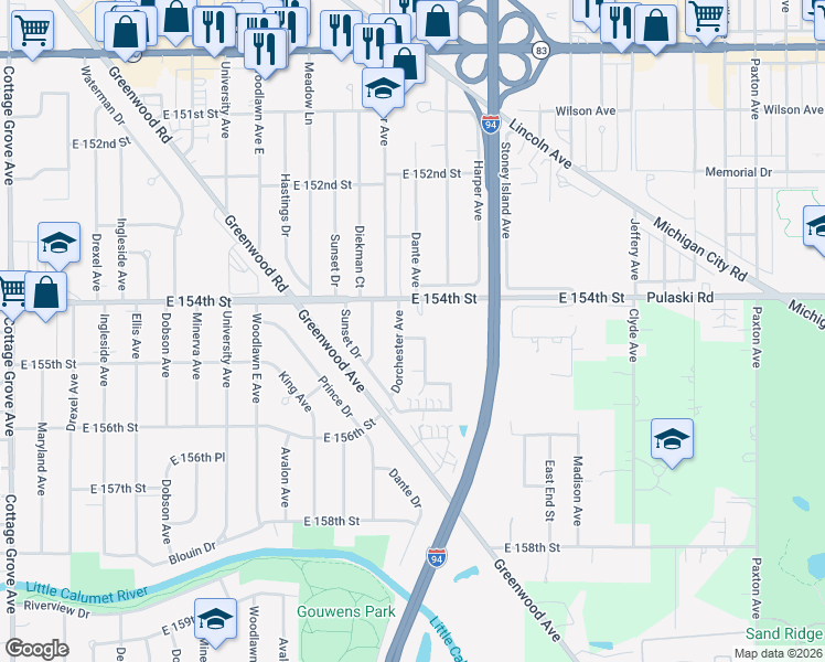 map of restaurants, bars, coffee shops, grocery stores, and more near 1424 East 154th Place in Dolton