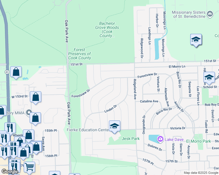 map of restaurants, bars, coffee shops, grocery stores, and more near 15209 Oak Road in Oak Forest