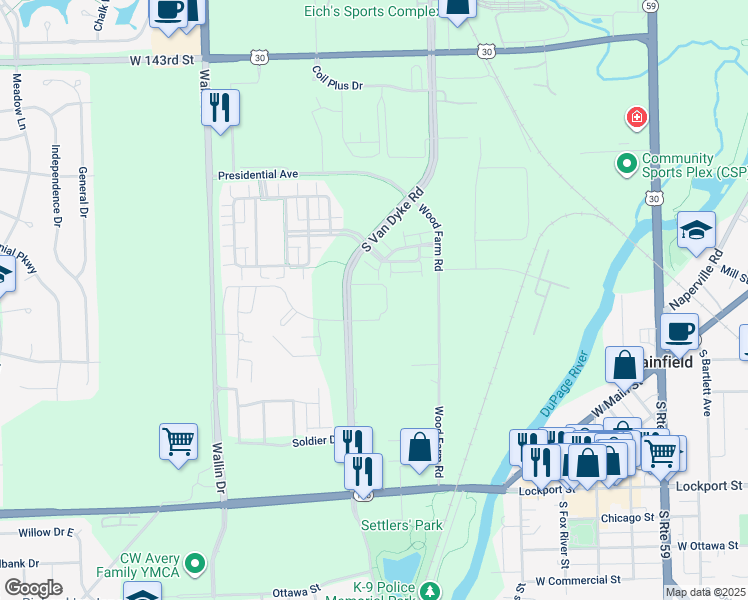map of restaurants, bars, coffee shops, grocery stores, and more near 14800 South Van Dyke Road in Plainfield