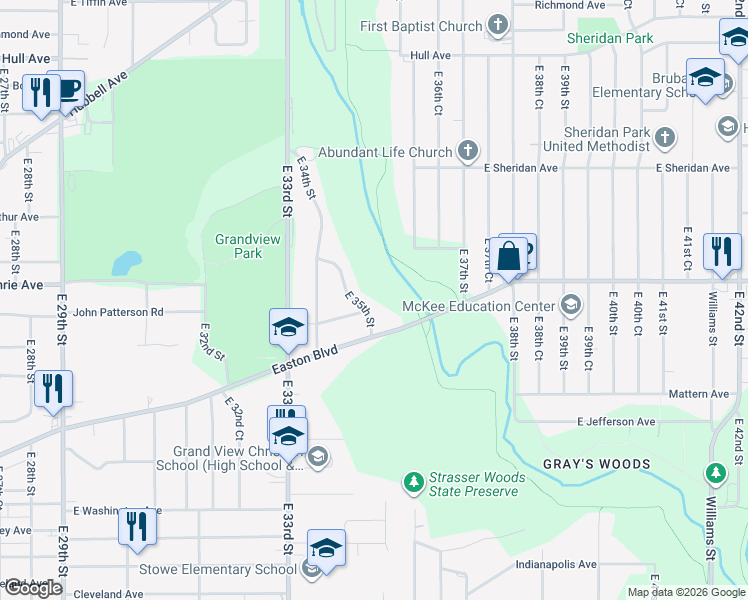 map of restaurants, bars, coffee shops, grocery stores, and more near 2201 East 35th Street in Des Moines