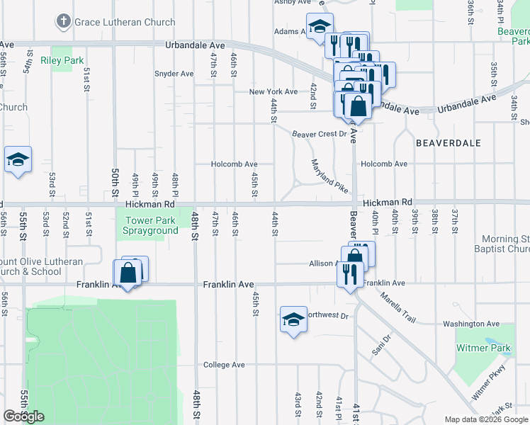map of restaurants, bars, coffee shops, grocery stores, and more near 4400 Hickman Road in Des Moines