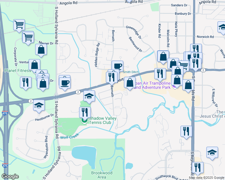 map of restaurants, bars, coffee shops, grocery stores, and more near 1413 Bernath in Toledo