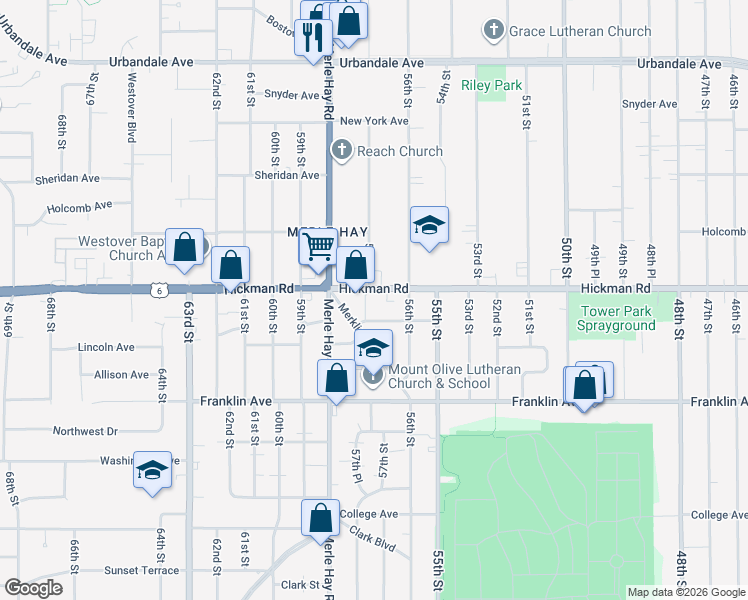 map of restaurants, bars, coffee shops, grocery stores, and more near 5706 Hickman Road in Des Moines