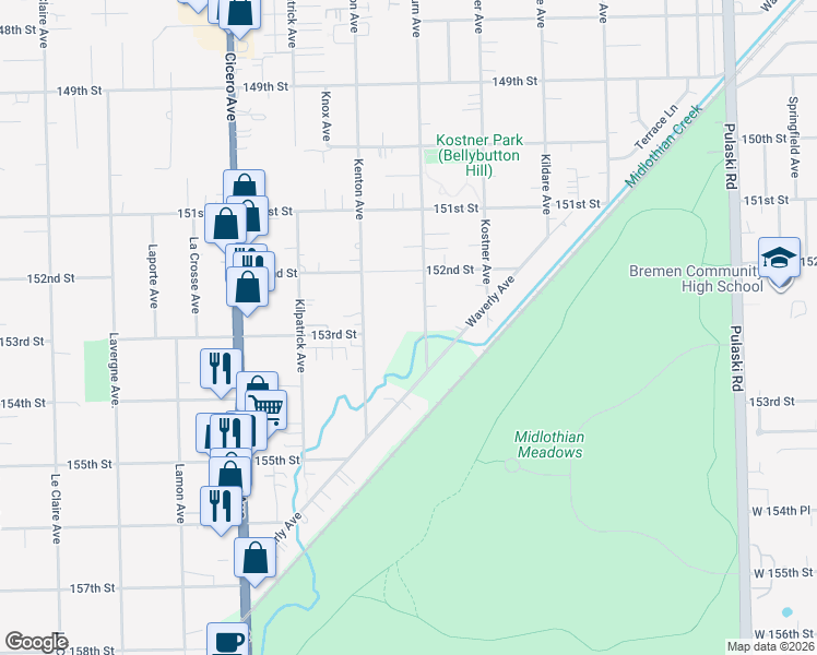 map of restaurants, bars, coffee shops, grocery stores, and more near 15238 Kilbourn Avenue in Midlothian