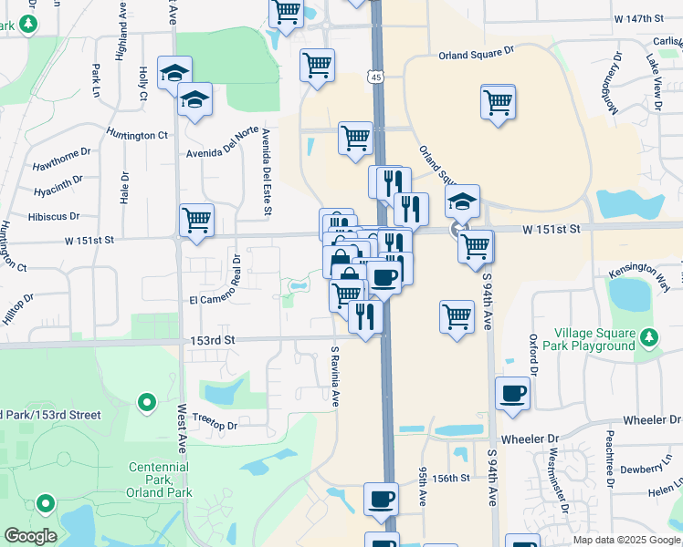 map of restaurants, bars, coffee shops, grocery stores, and more near 15142 South La Grange Road in Orland Park