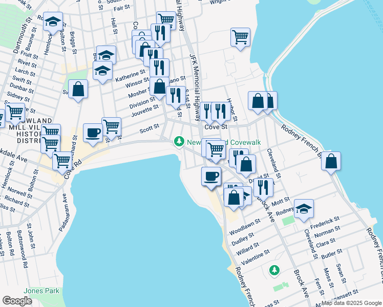 map of restaurants, bars, coffee shops, grocery stores, and more near 1037 Cove Road in New Bedford