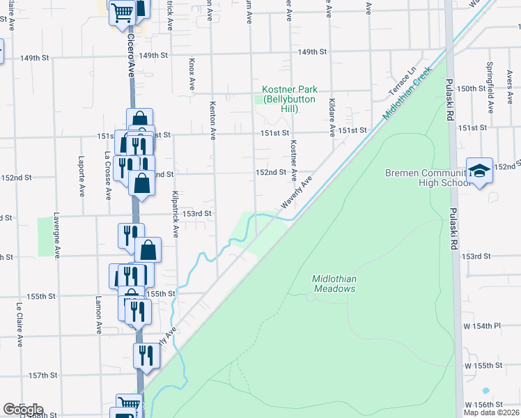 map of restaurants, bars, coffee shops, grocery stores, and more near 15251 Kilbourn Avenue in Midlothian