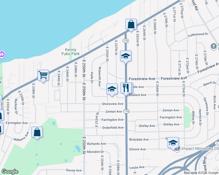 map of restaurants, bars, coffee shops, grocery stores, and more near 421 East 255th Street in Euclid