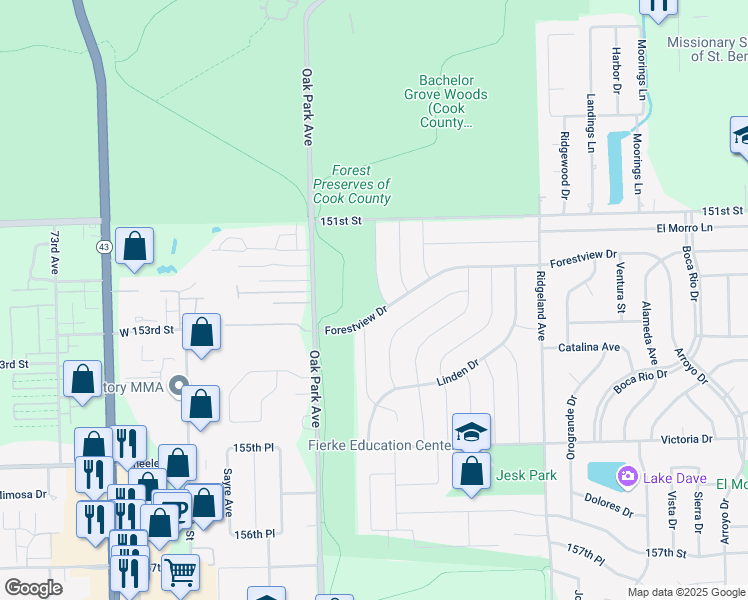 map of restaurants, bars, coffee shops, grocery stores, and more near 15152 Chestnut Lane in Oak Forest