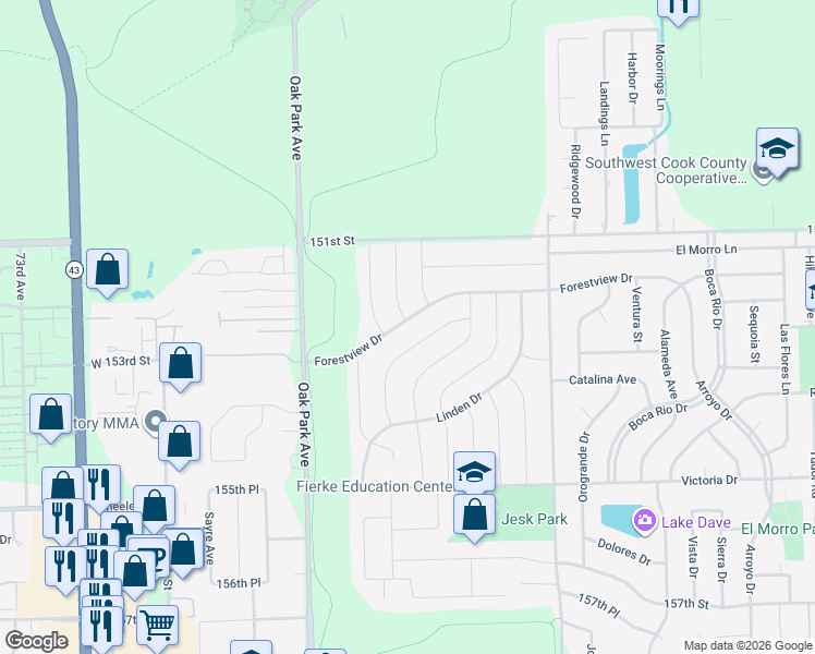 map of restaurants, bars, coffee shops, grocery stores, and more near 6620 Forestview Drive in Oak Forest
