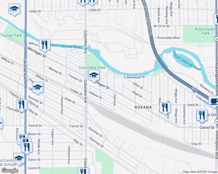 map of restaurants, bars, coffee shops, grocery stores, and more near 1329 Michigan Street in Hammond