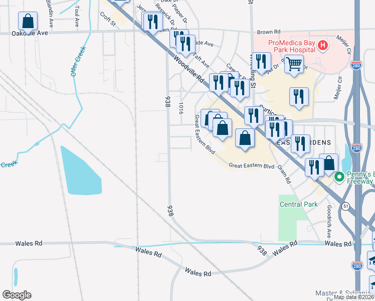 map of restaurants, bars, coffee shops, grocery stores, and more near 2440 Rochester Street in Northwood