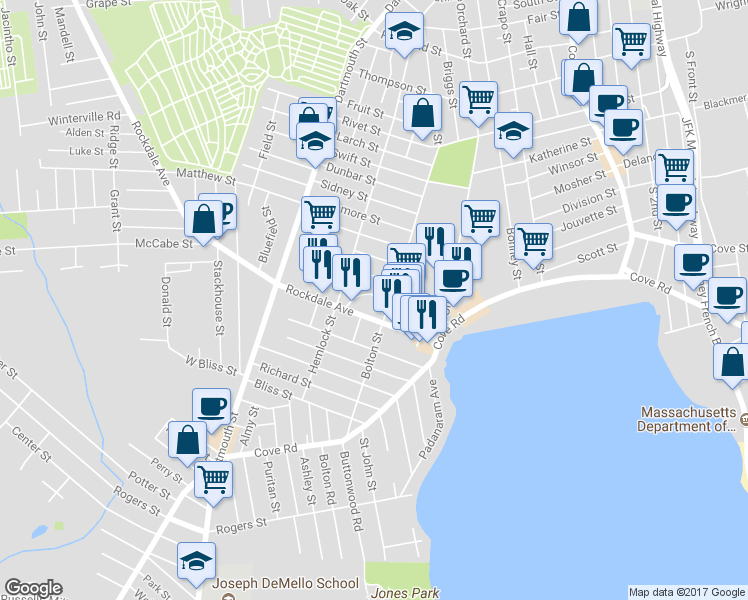 map of restaurants, bars, coffee shops, grocery stores, and more near 14 Circuit Street in New Bedford
