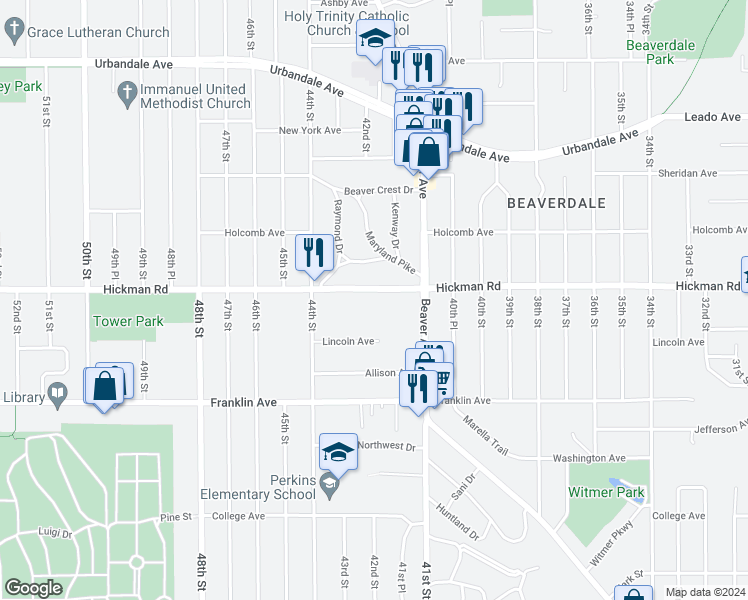 map of restaurants, bars, coffee shops, grocery stores, and more near 4210 Hickman Road in Des Moines