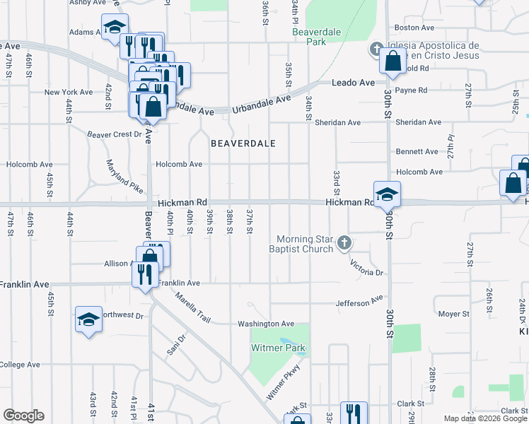 map of restaurants, bars, coffee shops, grocery stores, and more near 2214 36th Street in Des Moines