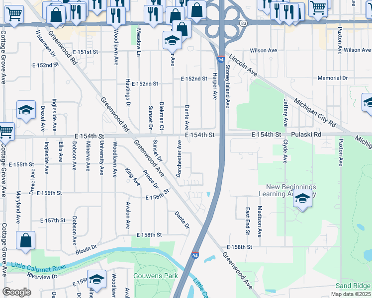 map of restaurants, bars, coffee shops, grocery stores, and more near 1424 East 154th Place in Dolton