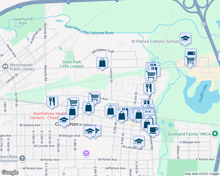 map of restaurants, bars, coffee shops, grocery stores, and more near 253 Locust Street in Chesterton