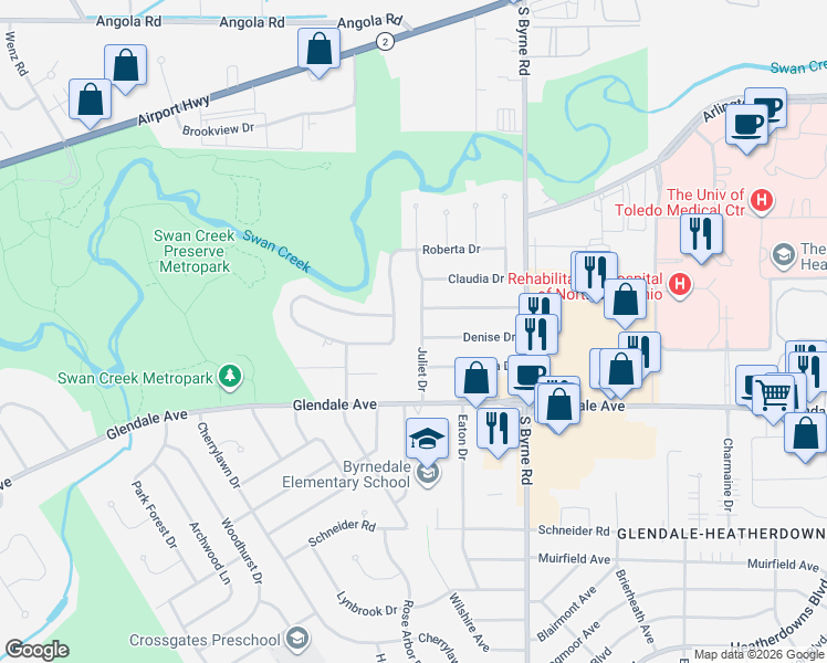 map of restaurants, bars, coffee shops, grocery stores, and more near 3644 Denise Drive in Toledo