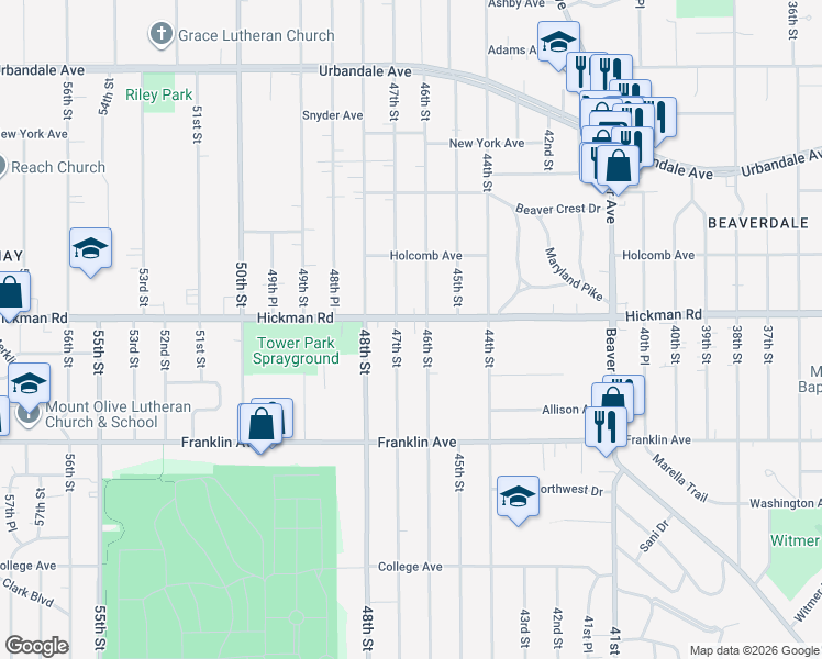 map of restaurants, bars, coffee shops, grocery stores, and more near 4610 Hickman Road in Des Moines