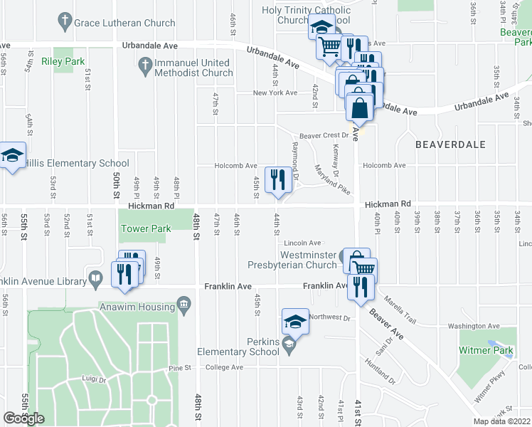 map of restaurants, bars, coffee shops, grocery stores, and more near 4400 Hickman Road in Des Moines