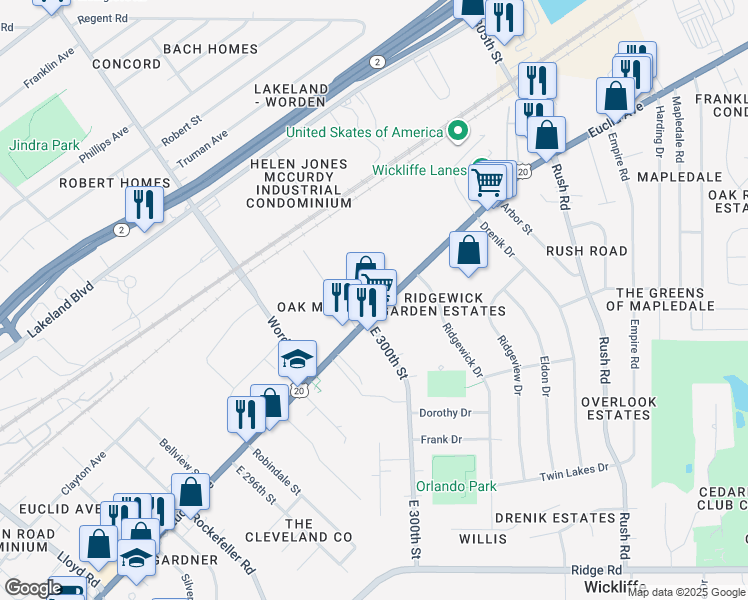 map of restaurants, bars, coffee shops, grocery stores, and more near 30015 Euclid Avenue in Wickliffe