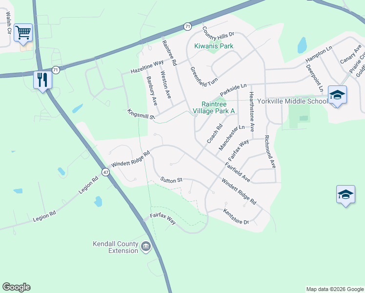 map of restaurants, bars, coffee shops, grocery stores, and more near 461 Windett Ridge Road in Yorkville