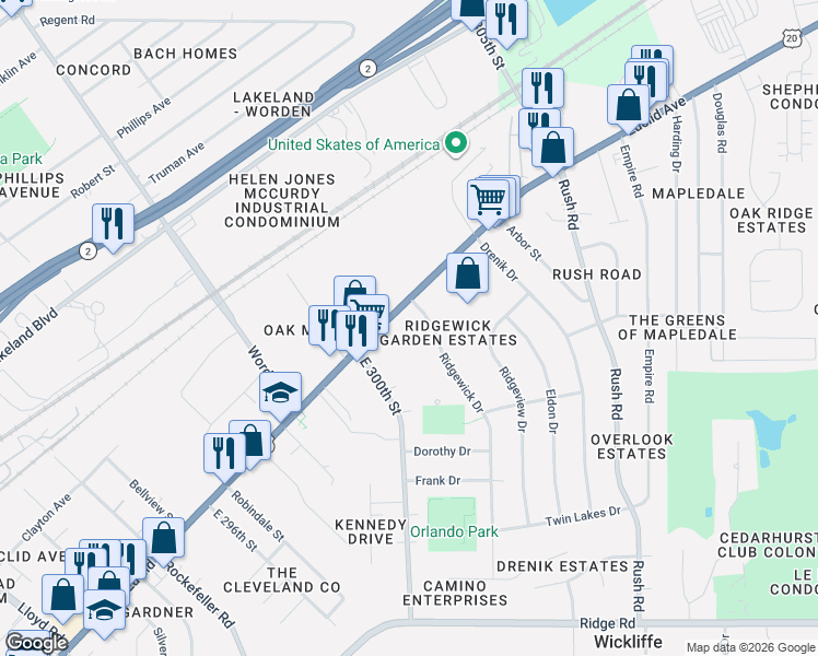 map of restaurants, bars, coffee shops, grocery stores, and more near 1531 Lee Terrace Drive in Wickliffe