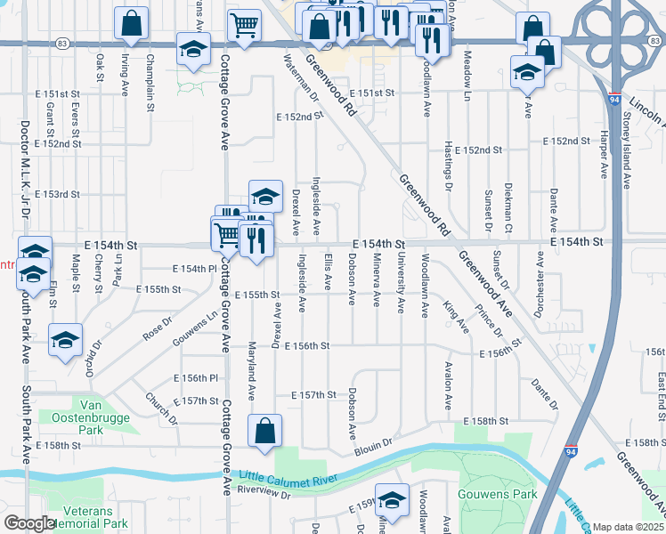 map of restaurants, bars, coffee shops, grocery stores, and more near 15419 Ellis Avenue in Dolton