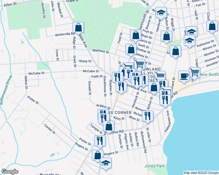map of restaurants, bars, coffee shops, grocery stores, and more near 107 Stephen Street in Dartmouth