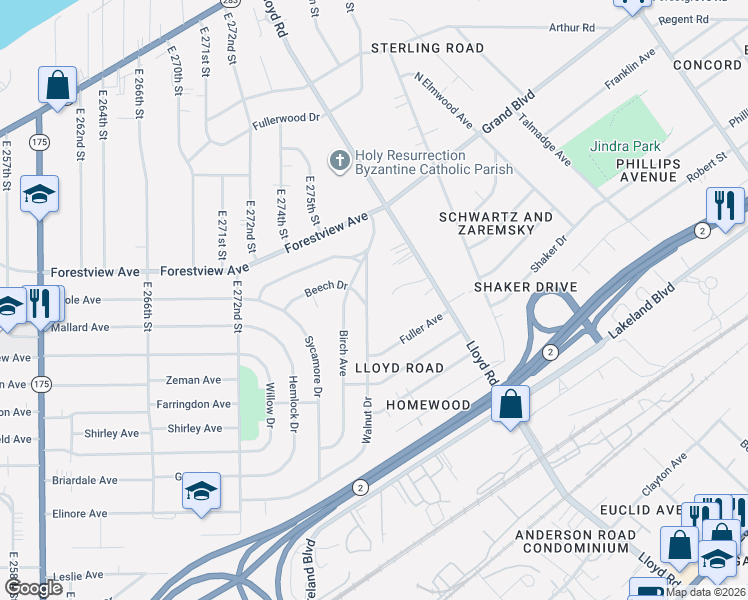 map of restaurants, bars, coffee shops, grocery stores, and more near 546 Walnut Drive in Euclid