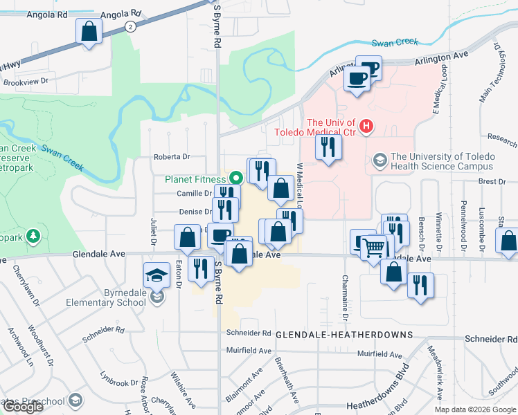 map of restaurants, bars, coffee shops, grocery stores, and more near 3300 Glendale Avenue in Toledo